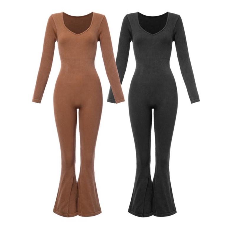 Malani Womenswear Jumpsuit - Washed V-Neck Longsleeve Ribbed Comper in Nylon-Spandex Blend - Romper Lady