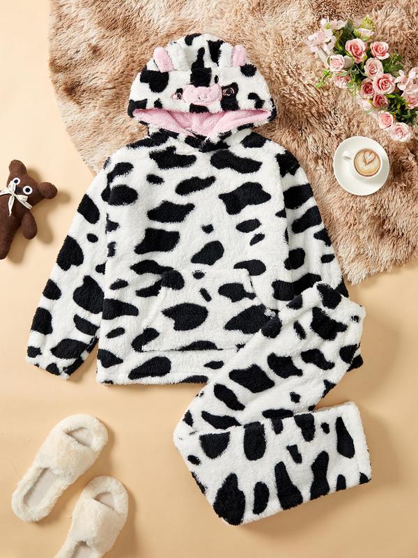 Two-Piece Set Women's Cow Print Thermal Lined Hooded Flannel Pajama Set, Cute Embroidery Long Sleeve Pocket Hooded Top & Pants PJ Set, Women's Sleepwear for Fall & Winter