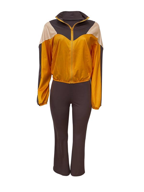 Women's Colorblock Zip Up Crop Jacket & Flare Leg Pants Two-piece Set, Casual Fashion Cozy Breathable Two Piece Outfits for Daily Outdoor Wear, Women Clothes for Fall & Winter