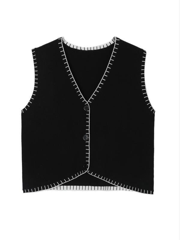 Women's Contrast Binding Button Front Sweater Vest, Casual V Neck Sleeveless Knit Top for Daily Wear, Ladies Clothes for All Seasons