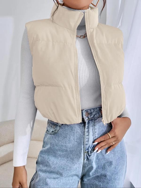 Women's Solid Zip Up Funnel Neck Vest Jacket, Casual Puffer Gilet for Spring & Fall, Women's Clothing for Daily Wear