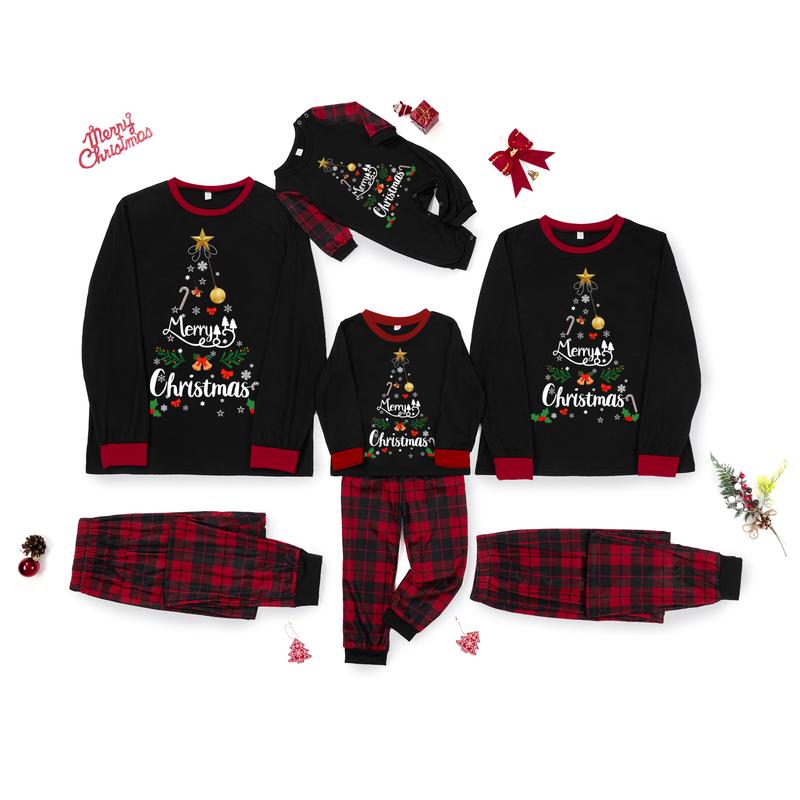 Christmas Family Matching Pajamas Set Holiday Letter & Snowflake Print Sleepwear Xmas PJS Set for Couples and Kids