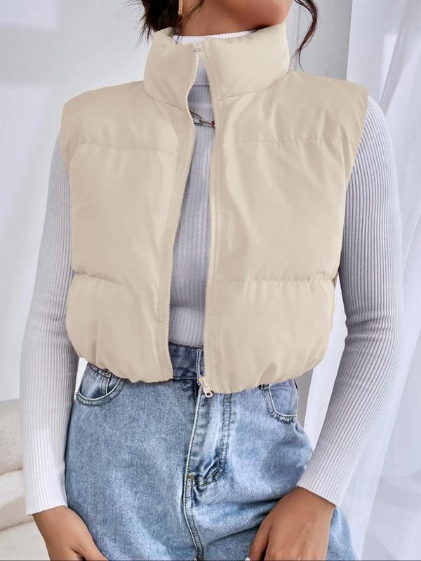 Women's Solid Zip Up Funnel Neck Vest Jacket, Casual Puffer Gilet for Spring & Fall, Women's Clothing for Daily Wear