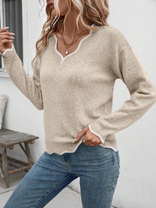 Women's Solid V Neck Sweater, Casual Long Sleeve Jumper for Fall & Winter, Fashion Ladies' Knitwear for Daily Wear