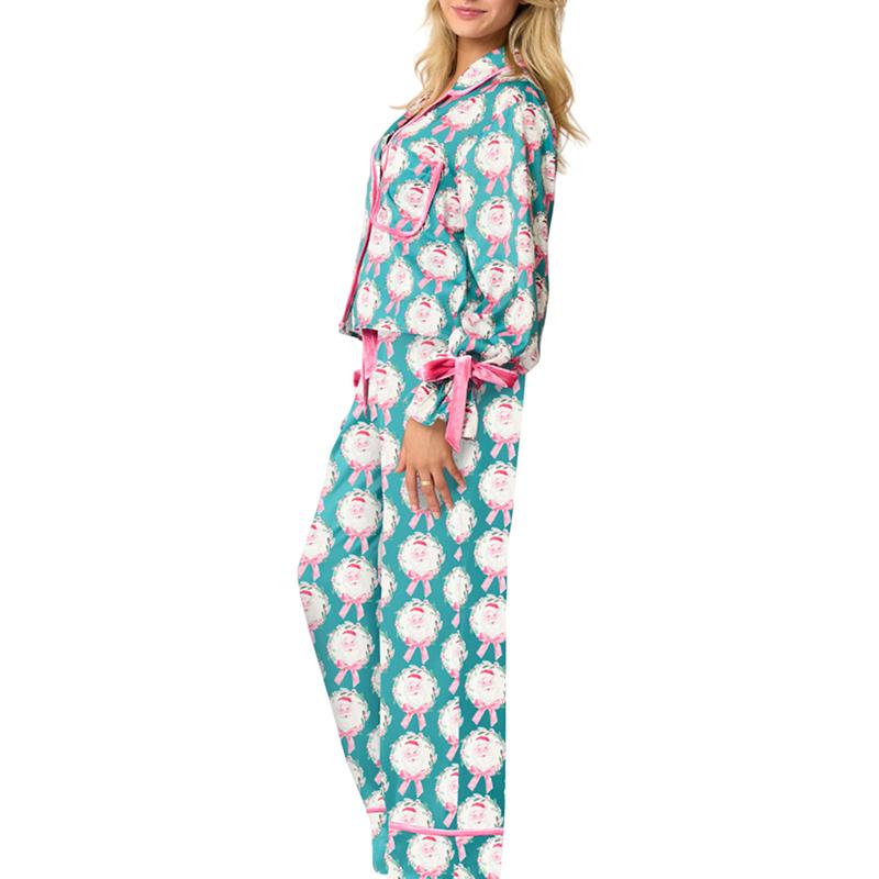 Christmas Bow Tie Front Pajamas for Women Cute Print Long Sleeve Shirts Pants Two Pieces Xmas Satin Pjs Loungewear Sets