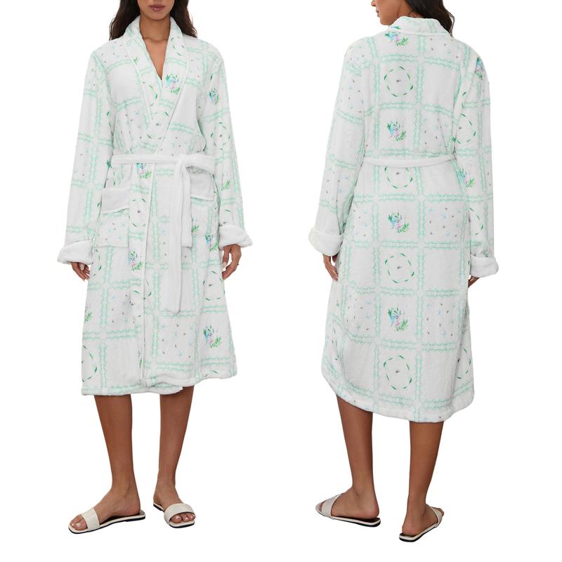 Women Ladies Girls Winter Kimono Bathrobe Floral Print Warm Long Sleeve Spa Night Robe with Belt for Soft Pajama Outfit Cotton Womenswear