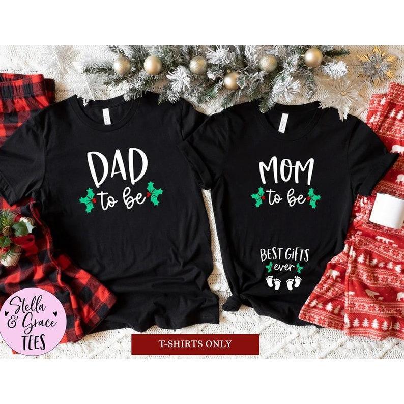 Couples Christmas Pregnancy Announcement TShirts, Mom to Be Dad to Be, Couples Christmas Pregnancy Reveal Shirts