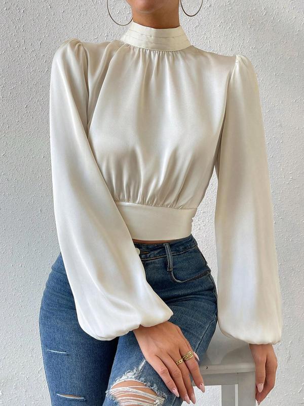 Women's Plain Cut Out Tie Back Satin Crop Blouse, Elegant Mock Neck Lantern Sleeve Top for Fall, Women's Clothing for Daily Wear