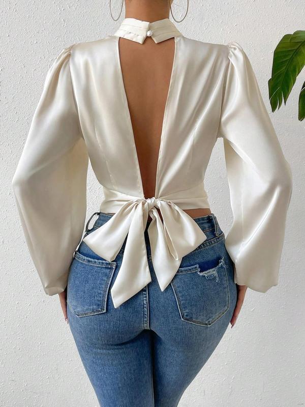 Women's Plain Cut Out Tie Back Satin Crop Blouse, Elegant Mock Neck Lantern Sleeve Top for Fall, Women's Clothing for Daily Wear