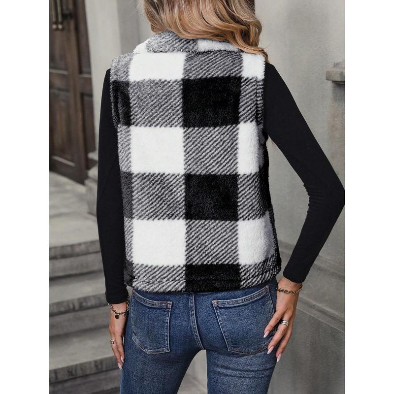 Luna Aurora   Buffalo Plaid Pattern Zipper Teddy Vest Jacket