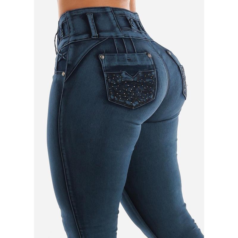 MX JEANS Butt Lifting Dark Acid Blue Skinny Jeans W Rhinestone Pockets