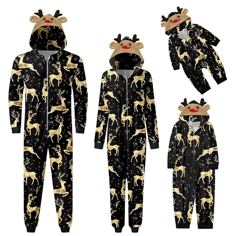 Couples Matching Christmas Pajamas Hoodie Onesie Cartoon Elk Snowman Print Suit Zipper Jumpsuit Holiday Sleepwear Pjs for Women Men