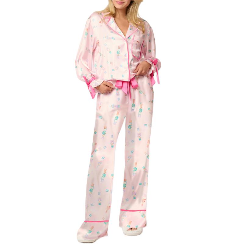 Christmas Bow Tie Front Pajamas for Women Cute Print Long Sleeve Shirts Pants Two Pieces Xmas Satin Pjs Loungewear Sets