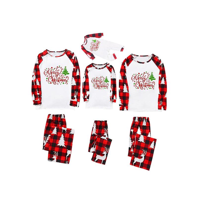 Christmas Family Pajamas Matching Set, Long Sleeve Letters Print T-shirt with Plaid Pants Sleepwear Loungewear