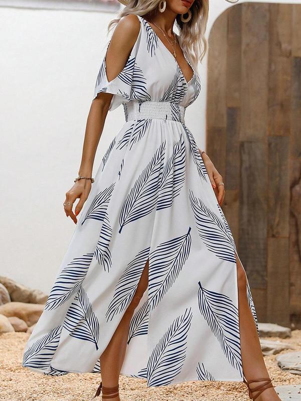 Women's All Over Feather Print Wrap Shirred Split Hem Dress, Summer Dresses, Casual Cold Shoulder Short Sleeve Long A Line Dress for Summer Beach Holiday Vacation, Ladies Clothes