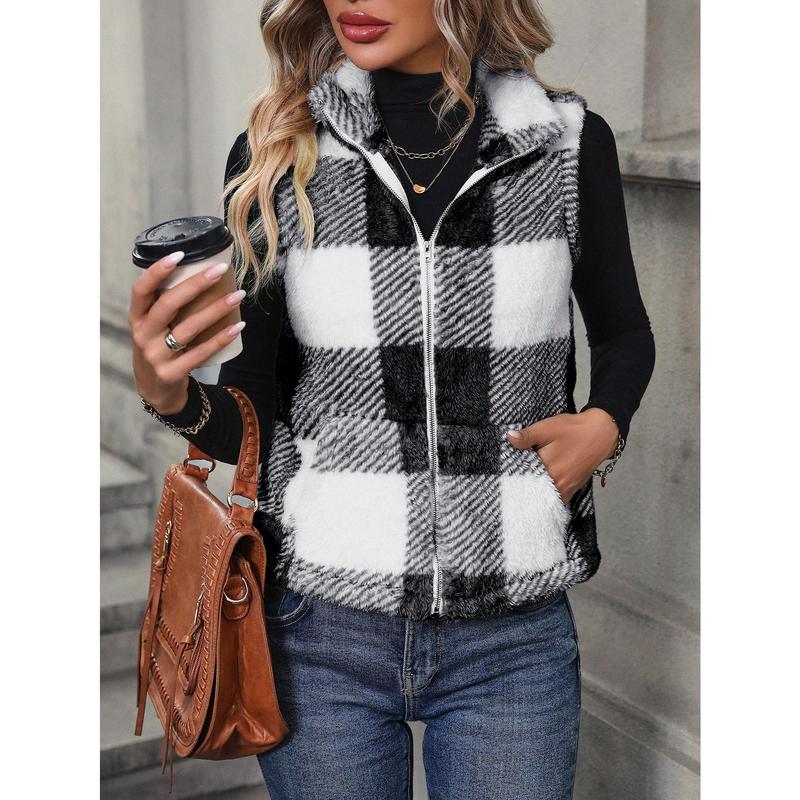 Luna Aurora   Buffalo Plaid Pattern Zipper Teddy Vest Jacket