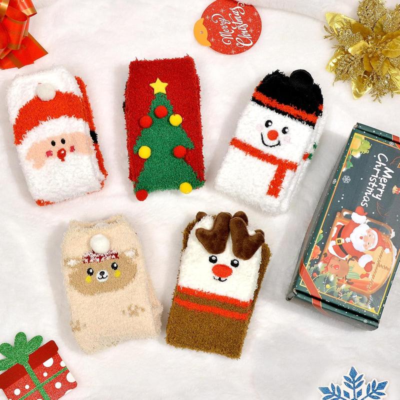 5 Pairs Fuzzy Christmas Socks for Women Girls with Box, Stocking Stuffers, Cute Fun Soft Thick Cozy Fluffy Winter Warm Slipper Xmas Holiday Socks