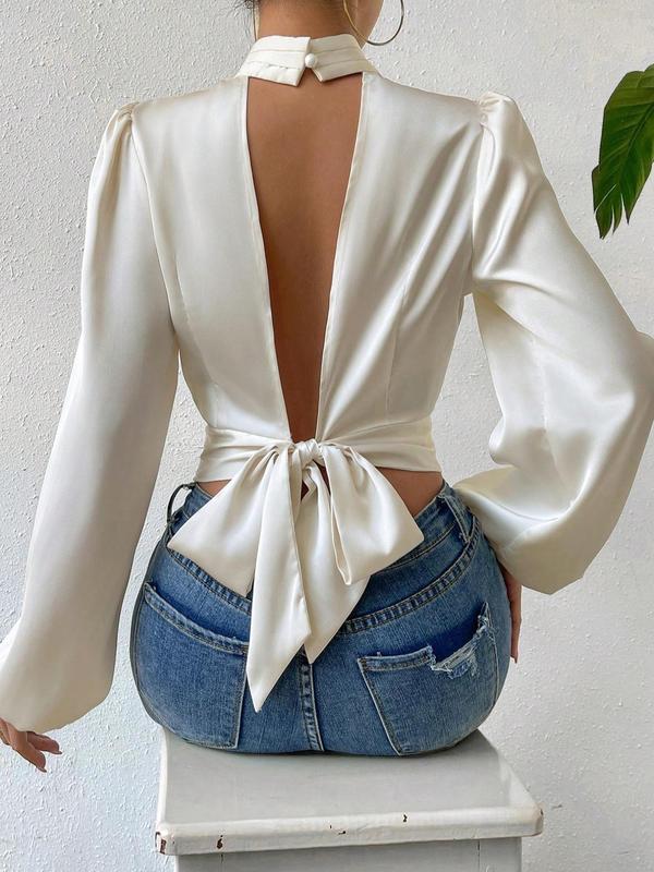 Women's Plain Cut Out Tie Back Satin Crop Blouse, Elegant Mock Neck Lantern Sleeve Top for Fall, Women's Clothing for Daily Wear