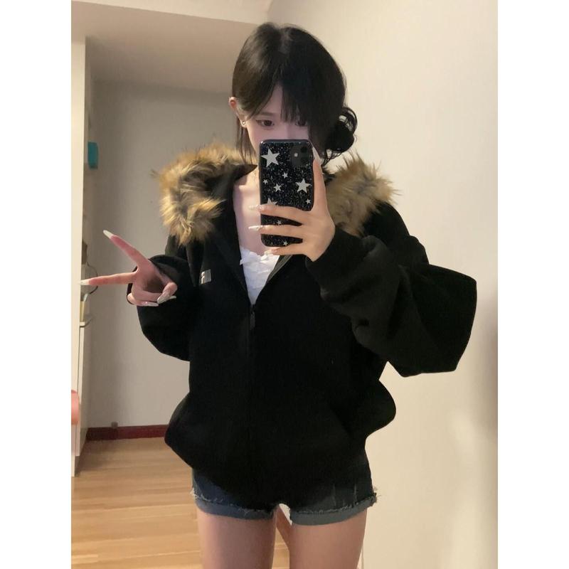 Women's clothing [Vintage Fur Collar] Zipper Cardigan Hoodie Female Fleece Padded Coat Womenswear Jackets