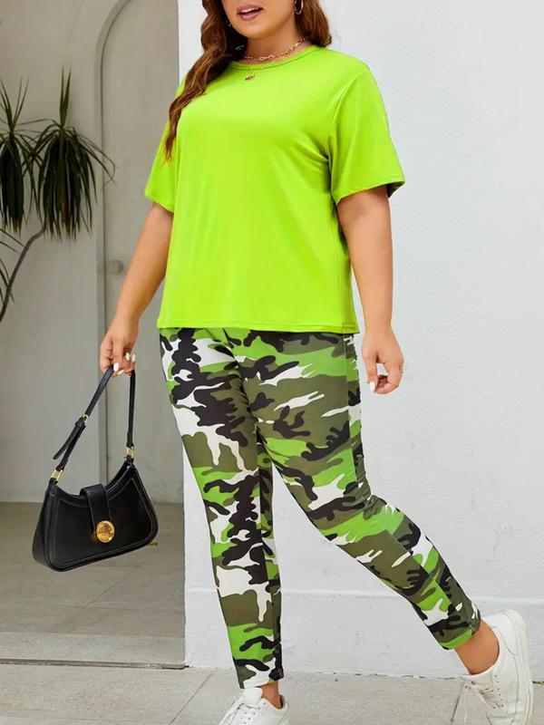  Women's Two-piece Set Solid Tee & Camo Print Elastic Waist Pants, Short Sleeve Round Neck T-shirt & Trousers for Daily Wear, Women's Two-piece Outfits for All Seasons, Black Girl Outfits