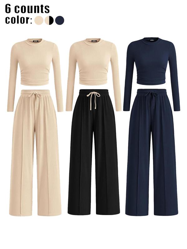 Two-piece Set Women's Solid Long Sleeve Ruched Crop Top & Drawstring Waist Wide Leg Pants Sportswear Set, Casual Round Neck Top & Pocket Elastic Waist Trousers for Daily Wear, Ladies Fall & Winter Clothes