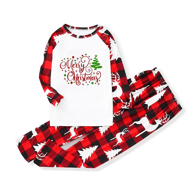 Christmas Family Pajamas Matching Set, Long Sleeve Letters Print T-shirt with Plaid Pants Sleepwear Loungewear