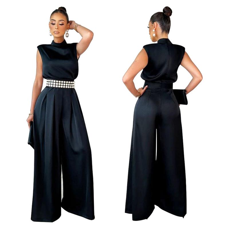 HS2149 2022 new fashion wide-leg pants solid color turtleneck sleeveless waist jumpsuit Womenswear Overalls