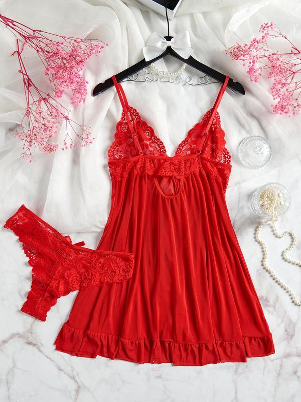 Women's Floral Lace Sheer Cami Nightdress & Bow Front Thong Sexy Lingerie Set, Adjustable Spaghetti Strap Ruffle Hem Nightgown & Panty, Women's Lingerie & Underwear Set for All Seasons