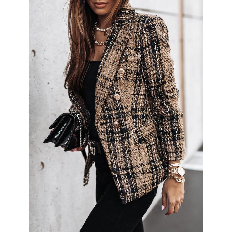 Womens Tartan Blazers Suit Long Sleeve Lapel Collar Jacket Double Breast Houndstooth Suit Tops for Work Office