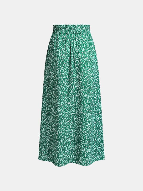 Yozy [2 colors] Boho Ditsy Floral Print Split Skirt, Frilled Elastic Waist Button Decor Skirt, 2024 Women's Daily Bottoms for All Seasons