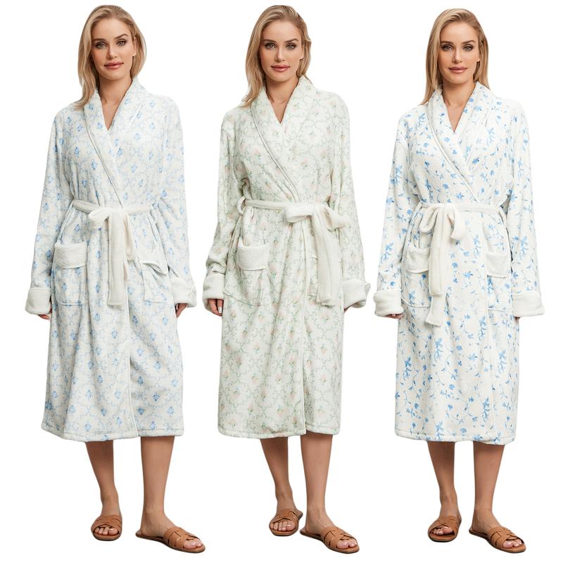 Women Ladies Girls Winter Kimono Bathrobe Floral Print Warm Long Sleeve Spa Night Robe with Belt for Soft Pajama Outfit Cotton Womenswear