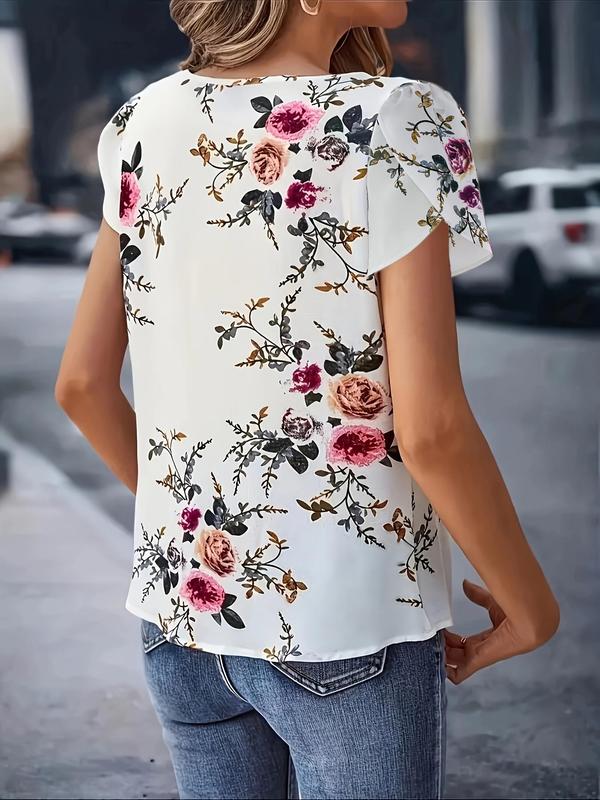 Women's Floral Print Petal Sleeve Blouse, Elegant Plicated Round Neck Top, Ladies Clothes for Daily Wear