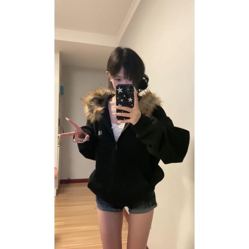 Women's clothing [Vintage Fur Collar] Zipper Cardigan Hoodie Female Fleece Padded Coat Womenswear Jackets