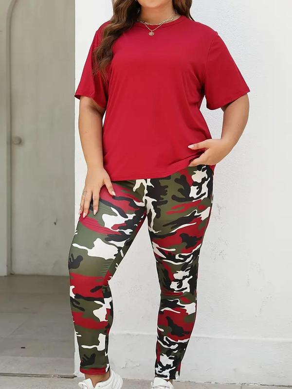  Women's Two-piece Set Solid Tee & Camo Print Elastic Waist Pants, Short Sleeve Round Neck T-shirt & Trousers for Daily Wear, Women's Two-piece Outfits for All Seasons, Black Girl Outfits