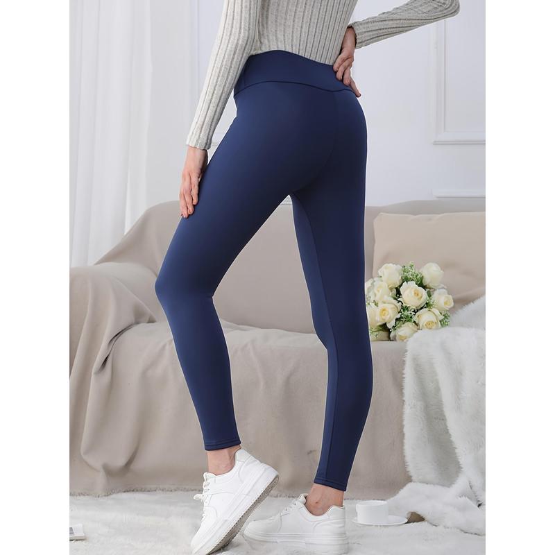 1pc Cozy Polyester Fleece-Lined High-Waisted Leggings, Women's Solid Color Thermal Base Layer Tights with Embroidery Detail for Autumn and Winter