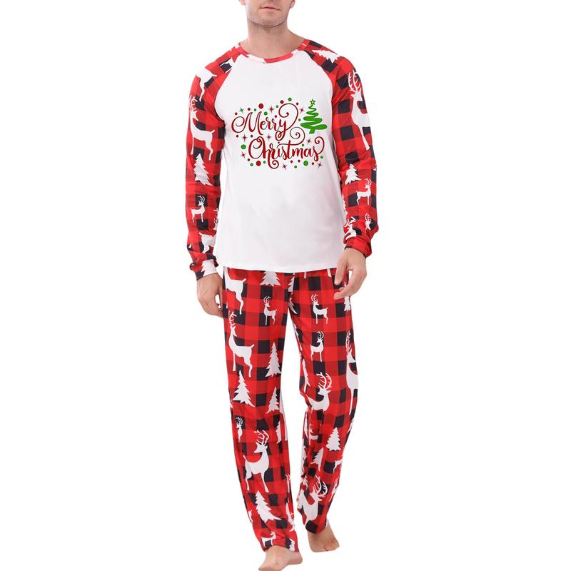 Christmas Family Pajamas Matching Set, Long Sleeve Letters Print T-shirt with Plaid Pants Sleepwear Loungewear