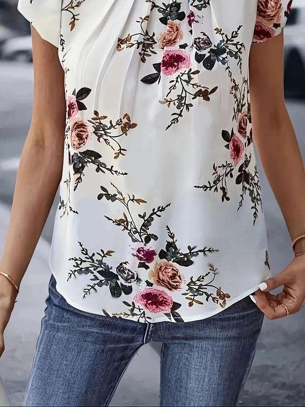 Women's Floral Print Petal Sleeve Blouse, Elegant Plicated Round Neck Top, Ladies Clothes for Daily Wear