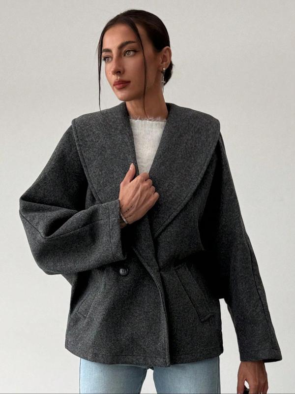 Women's Solid Button Pocket Woolen Coat, Casual Long Sleeve Outerwear for Fall & Winter, Women's Clothing for Daily Wear