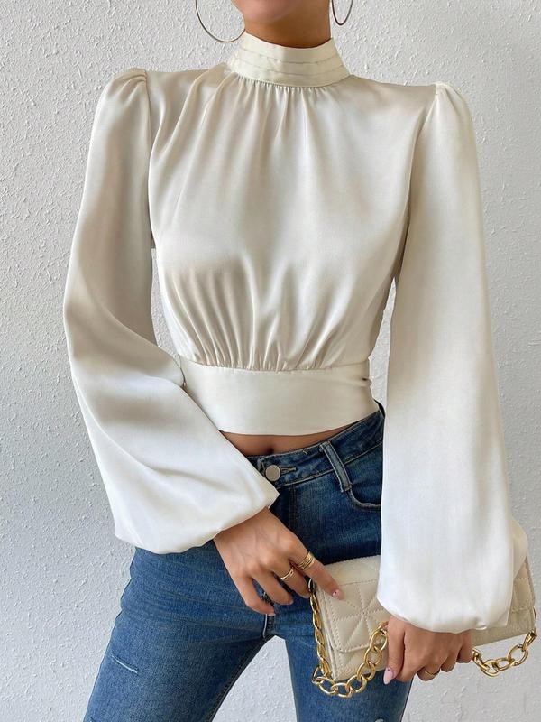 Women's Plain Cut Out Tie Back Satin Crop Blouse, Elegant Mock Neck Lantern Sleeve Top for Fall, Women's Clothing for Daily Wear