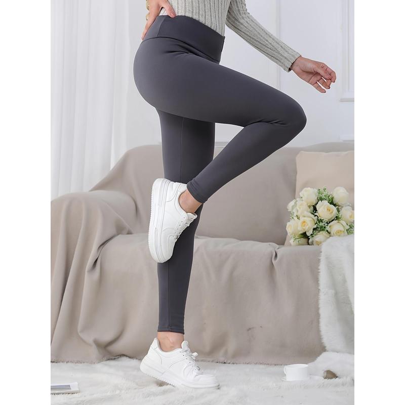 1pc Cozy Polyester Fleece-Lined High-Waisted Leggings, Women's Solid Color Thermal Base Layer Tights with Embroidery Detail for Autumn and Winter