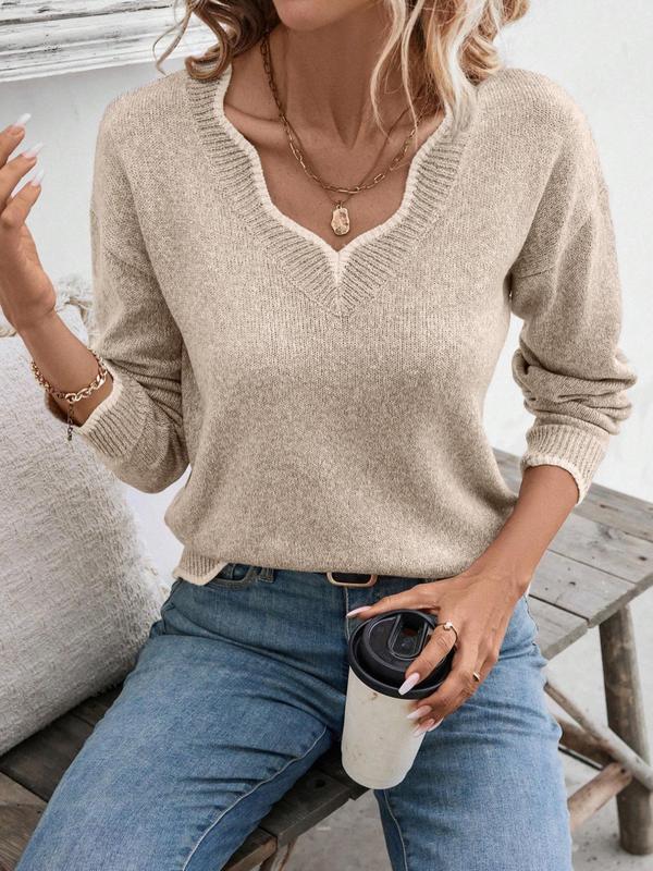 Women's Solid V Neck Sweater, Casual Long Sleeve Jumper for Fall & Winter, Fashion Ladies' Knitwear for Daily Wear