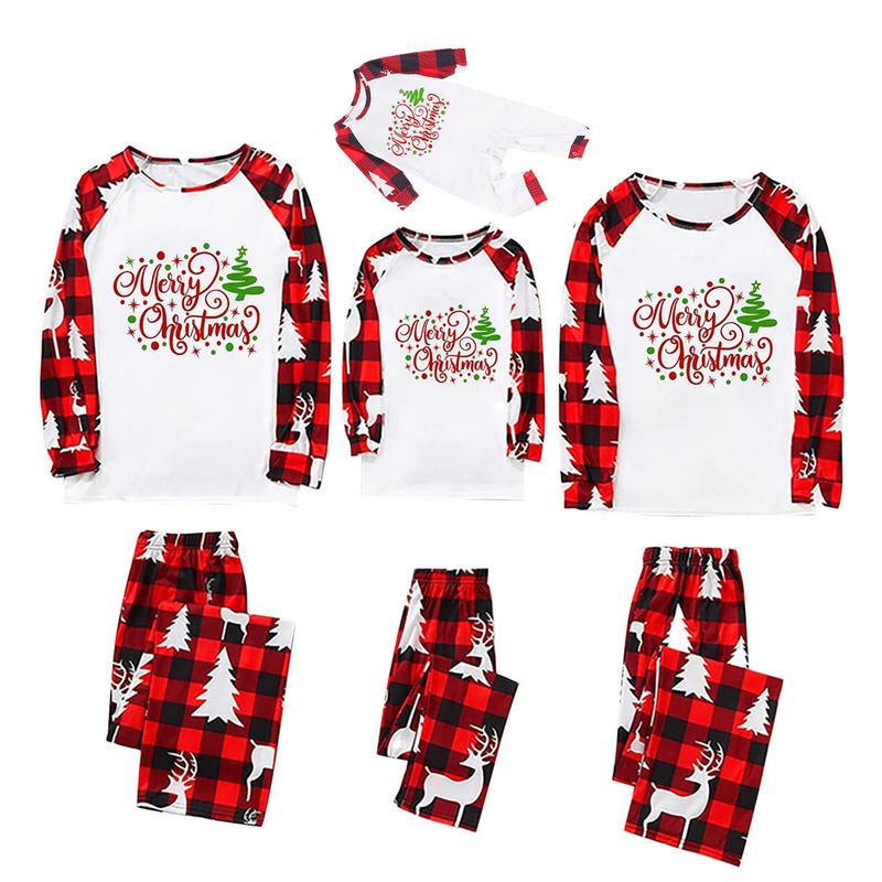 Christmas Family Pajamas Matching Set, Long Sleeve Letters Print T-shirt with Plaid Pants Sleepwear Loungewear