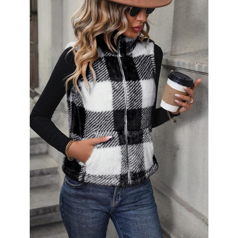 Luna Aurora   Buffalo Plaid Pattern Zipper Teddy Vest Jacket