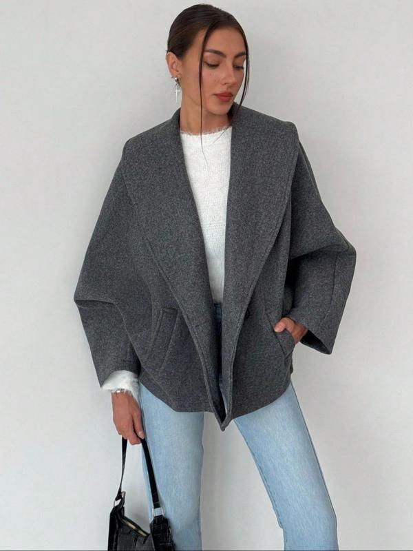 Women's Solid Button Pocket Woolen Coat, Casual Long Sleeve Outerwear for Fall & Winter, Women's Clothing for Daily Wear