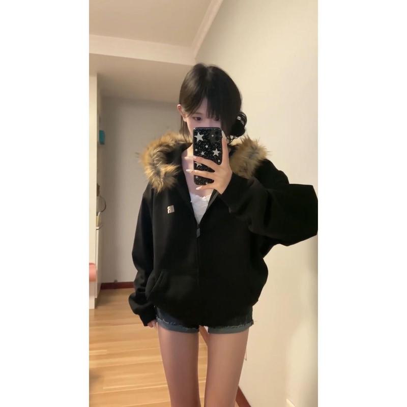 Women's clothing [Vintage Fur Collar] Zipper Cardigan Hoodie Female Fleece Padded Coat Womenswear Jackets