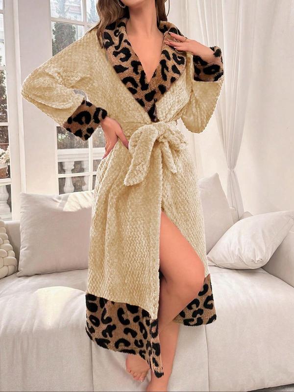 Women's Leopard Patchwork Print Belted Bathrobe, Casual Long Sleeve Dressing Gown for Fall & Winter, Women's Sleepwear for Indoor Wear