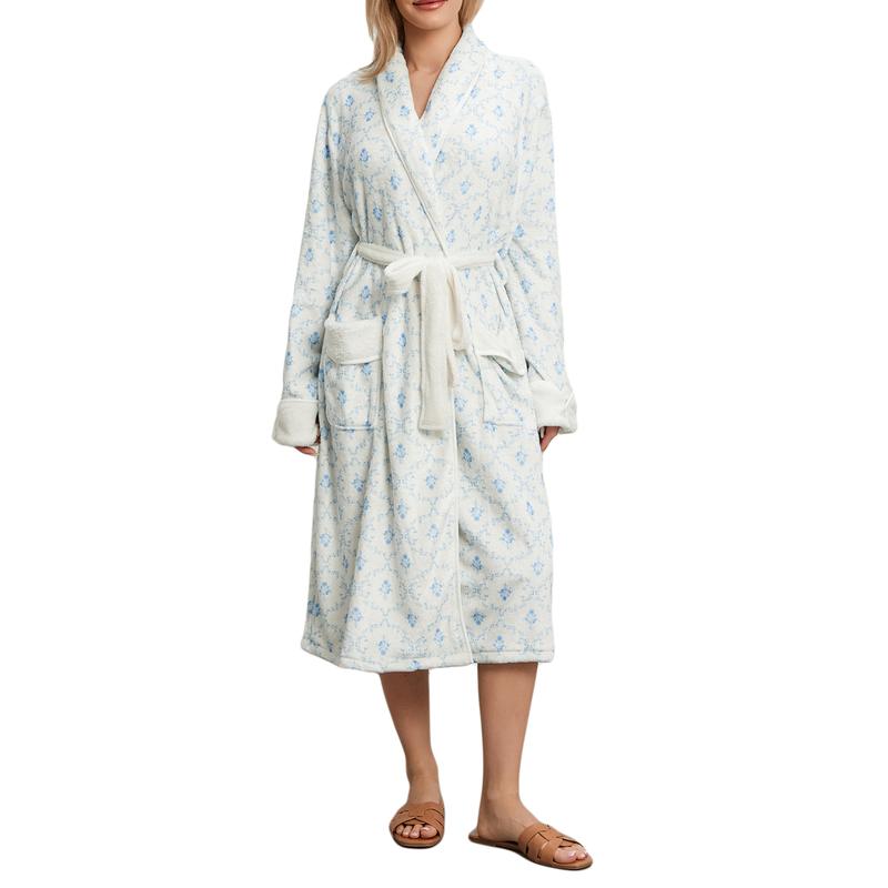 Women Ladies Girls Winter Kimono Bathrobe Floral Print Warm Long Sleeve Spa Night Robe with Belt for Soft Pajama Outfit Cotton Womenswear