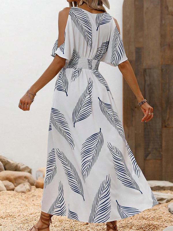 Women's All Over Feather Print Wrap Shirred Split Hem Dress, Summer Dresses, Casual Cold Shoulder Short Sleeve Long A Line Dress for Summer Beach Holiday Vacation, Ladies Clothes