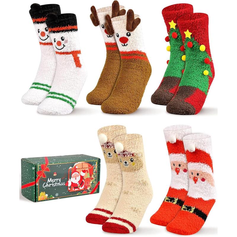 5 Pairs Fuzzy Christmas Socks for Women Girls with Box, Stocking Stuffers, Cute Fun Soft Thick Cozy Fluffy Winter Warm Slipper Xmas Holiday Socks