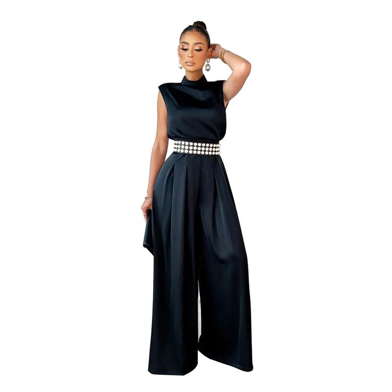 HS2149 2022 new fashion wide-leg pants solid color turtleneck sleeveless waist jumpsuit Womenswear Overalls